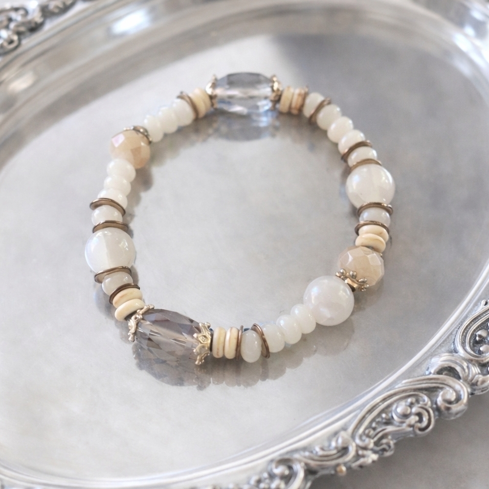 Handmade Beautiful Cream & Taupe Beaded Stretch Bracelet.
